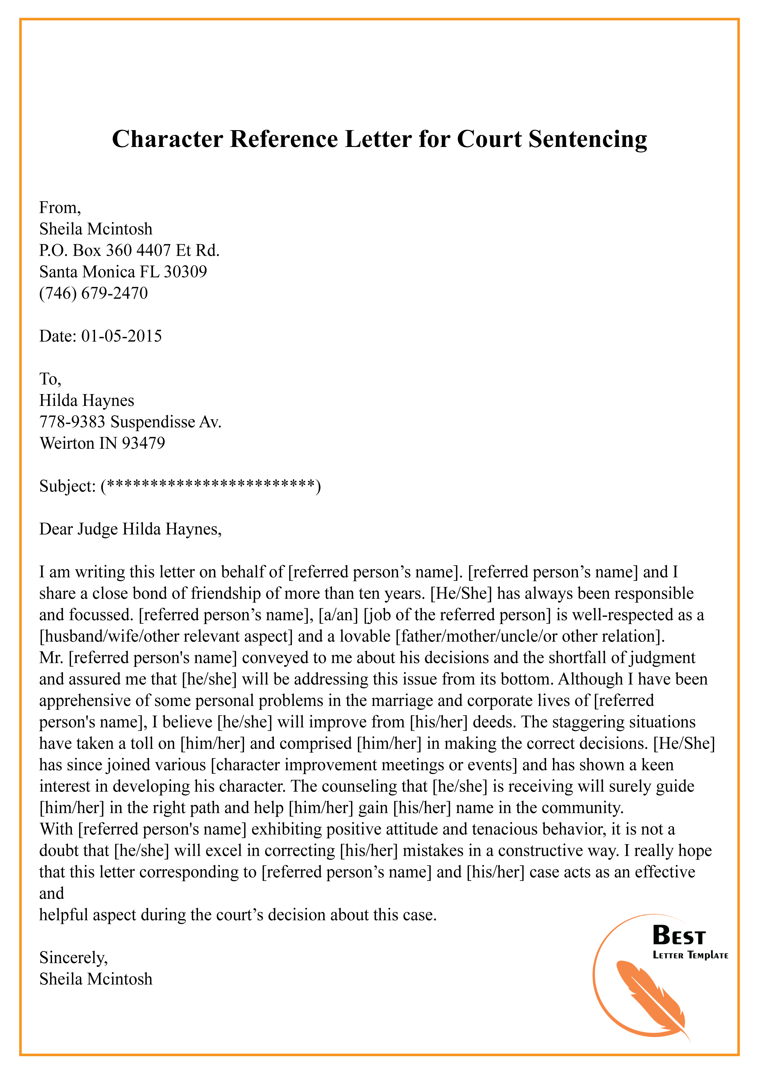 Sample Character Letter For Court