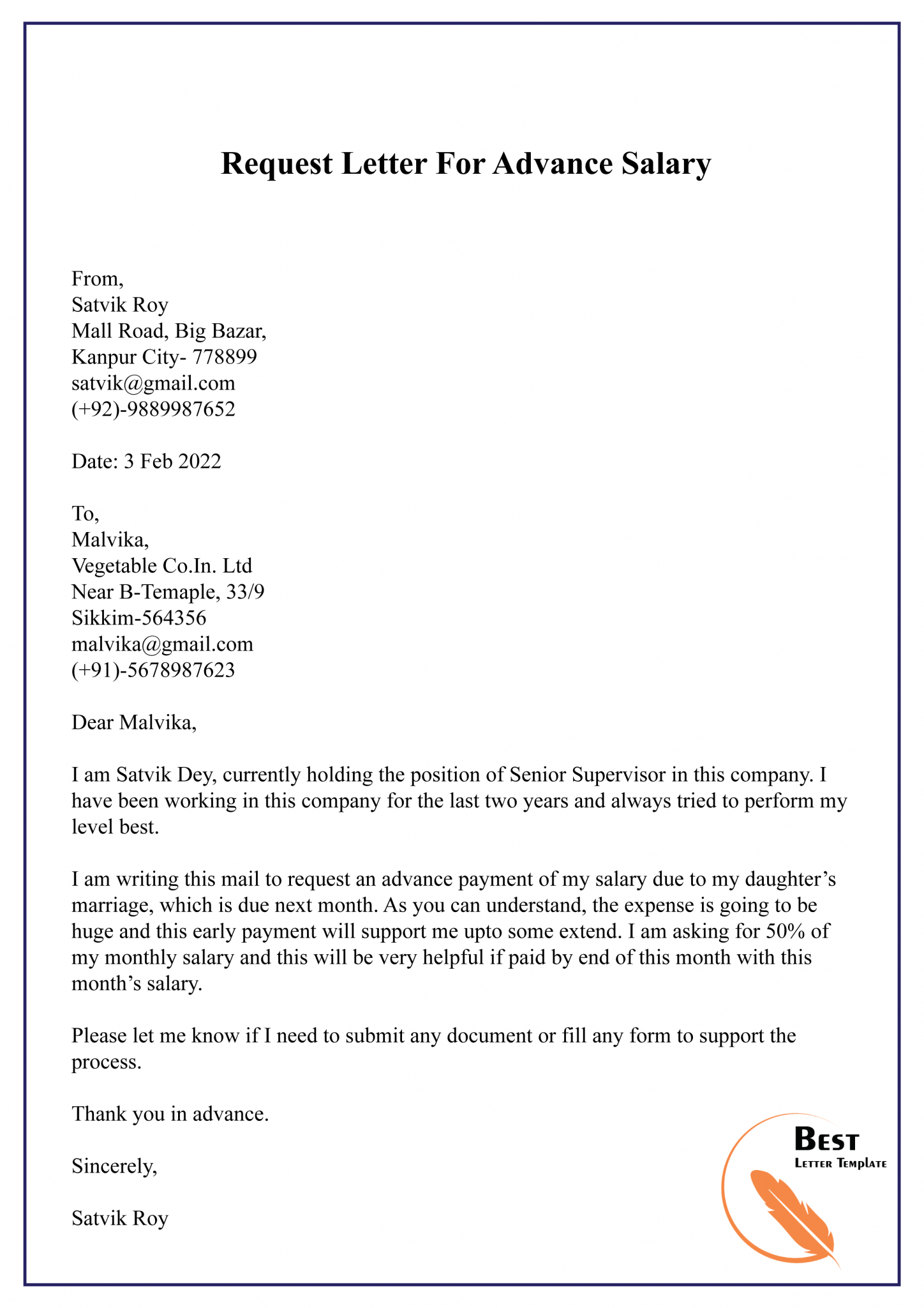 Free Request Letter Template For Salary Sample Example