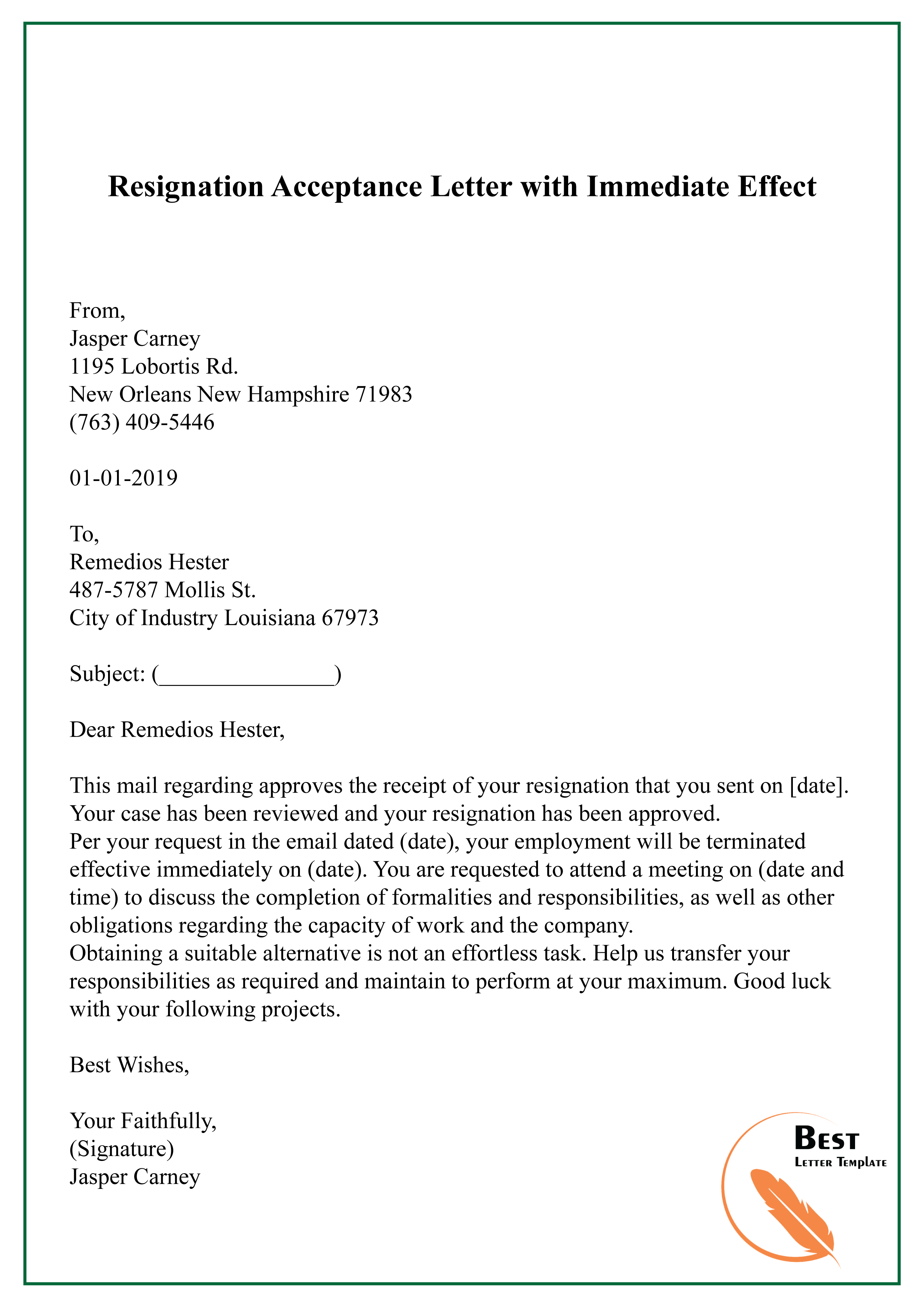 Sample Of Resignation Letter With Immediate Effect Resignation Letter