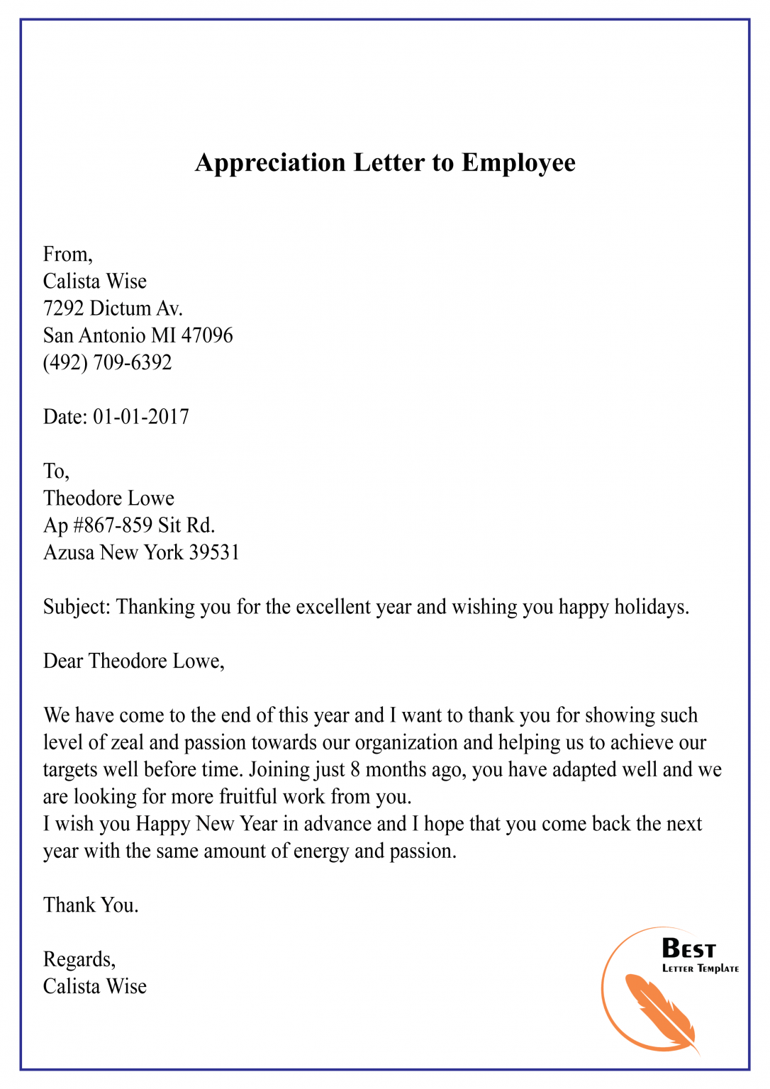 Appreciation Letter Template to Employee – Sample & Example