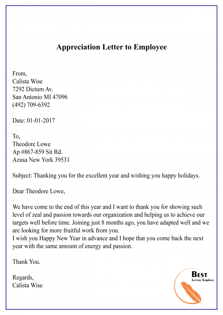 Appreciation Letter Template to Employee - Sample & Example