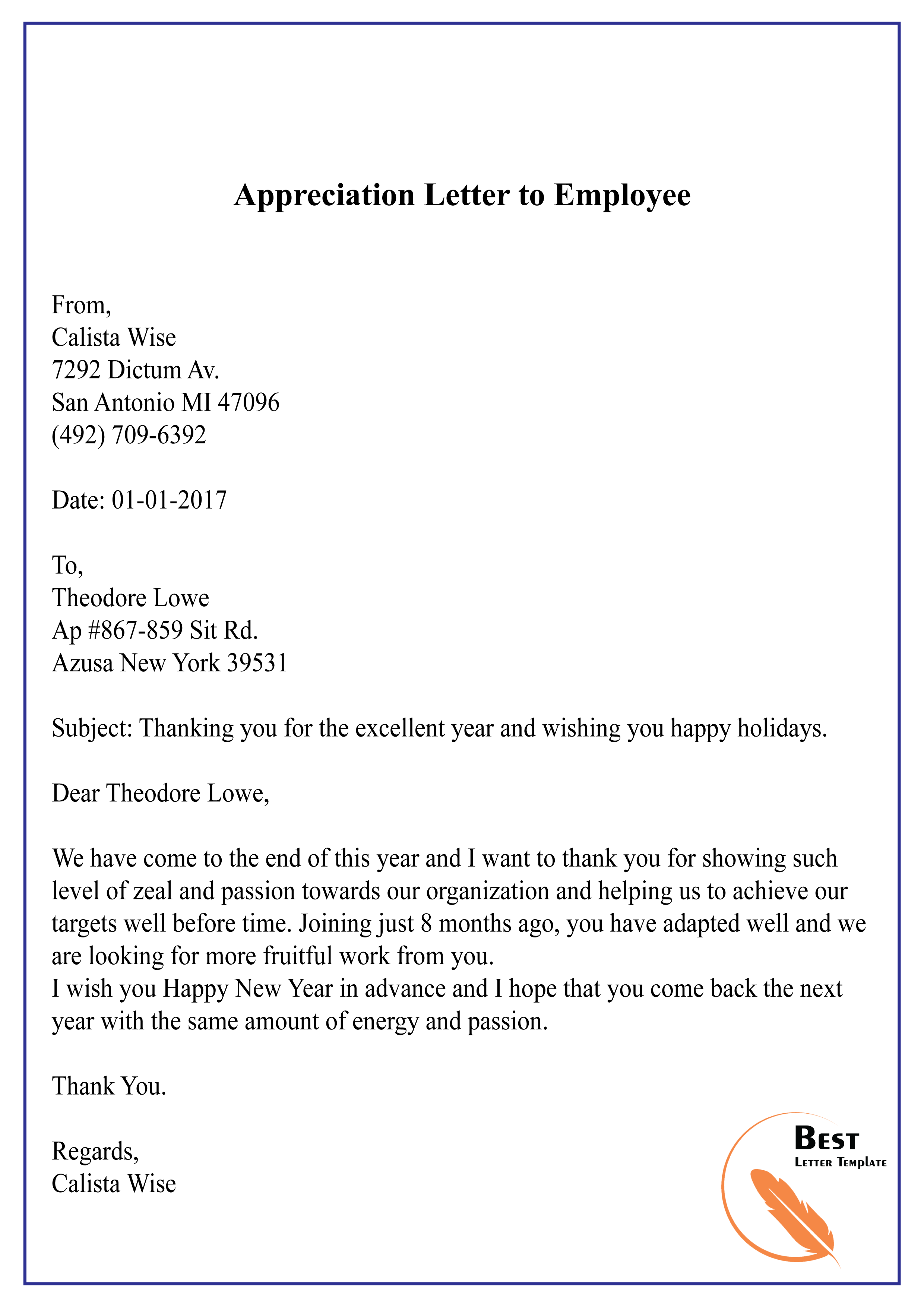 Employee Appreciation Letter Recognition
