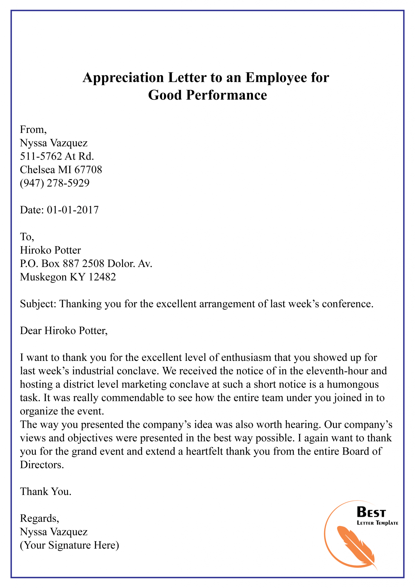 Appreciation Letter Template To Employee Sample Example