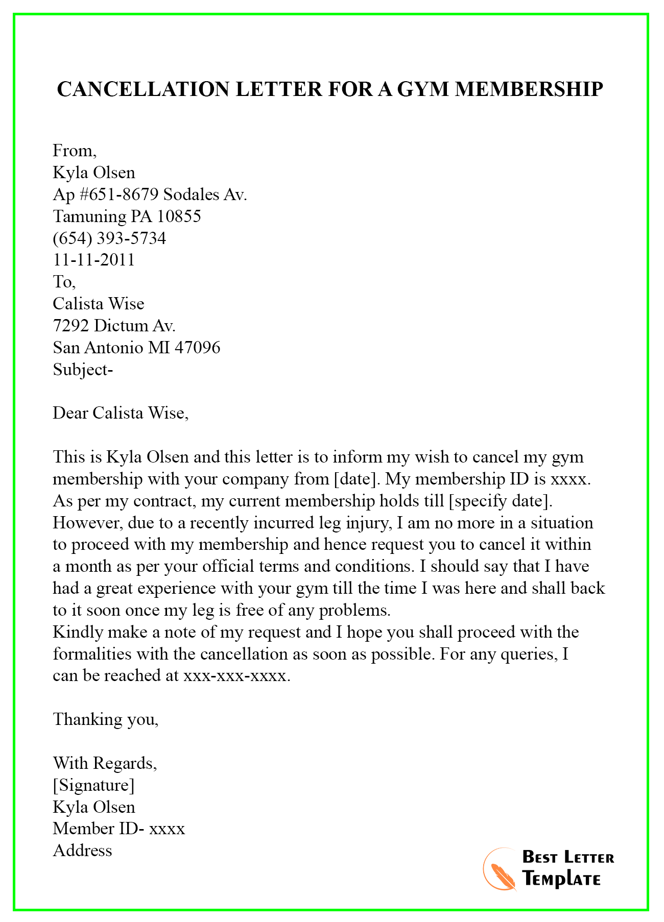 CANCELLATION LETTER FOR A GYM MEMBERSHIP Best Letter Template