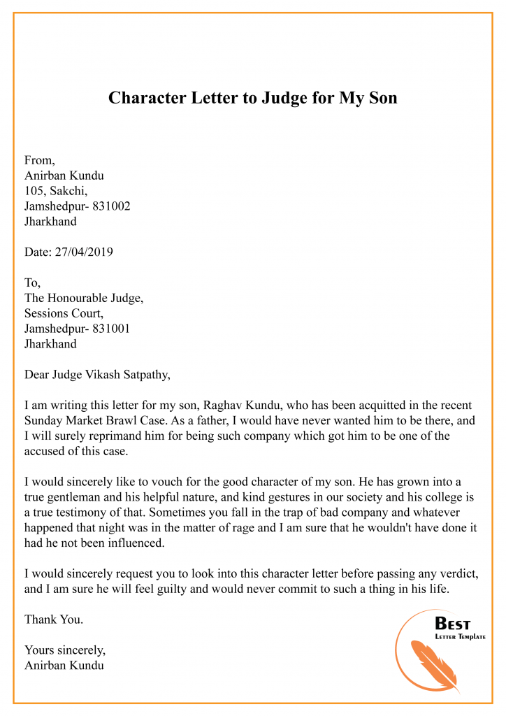 Character Letter to Judge for My Son