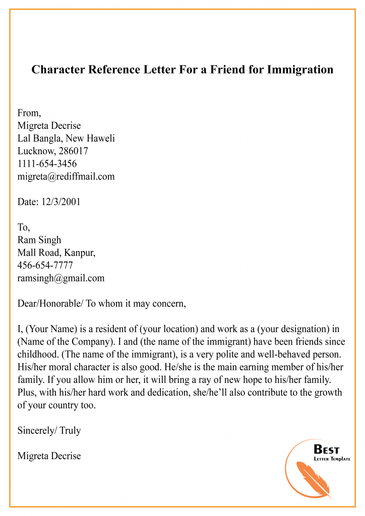 Character Reference Letter For a Friend for Immigration