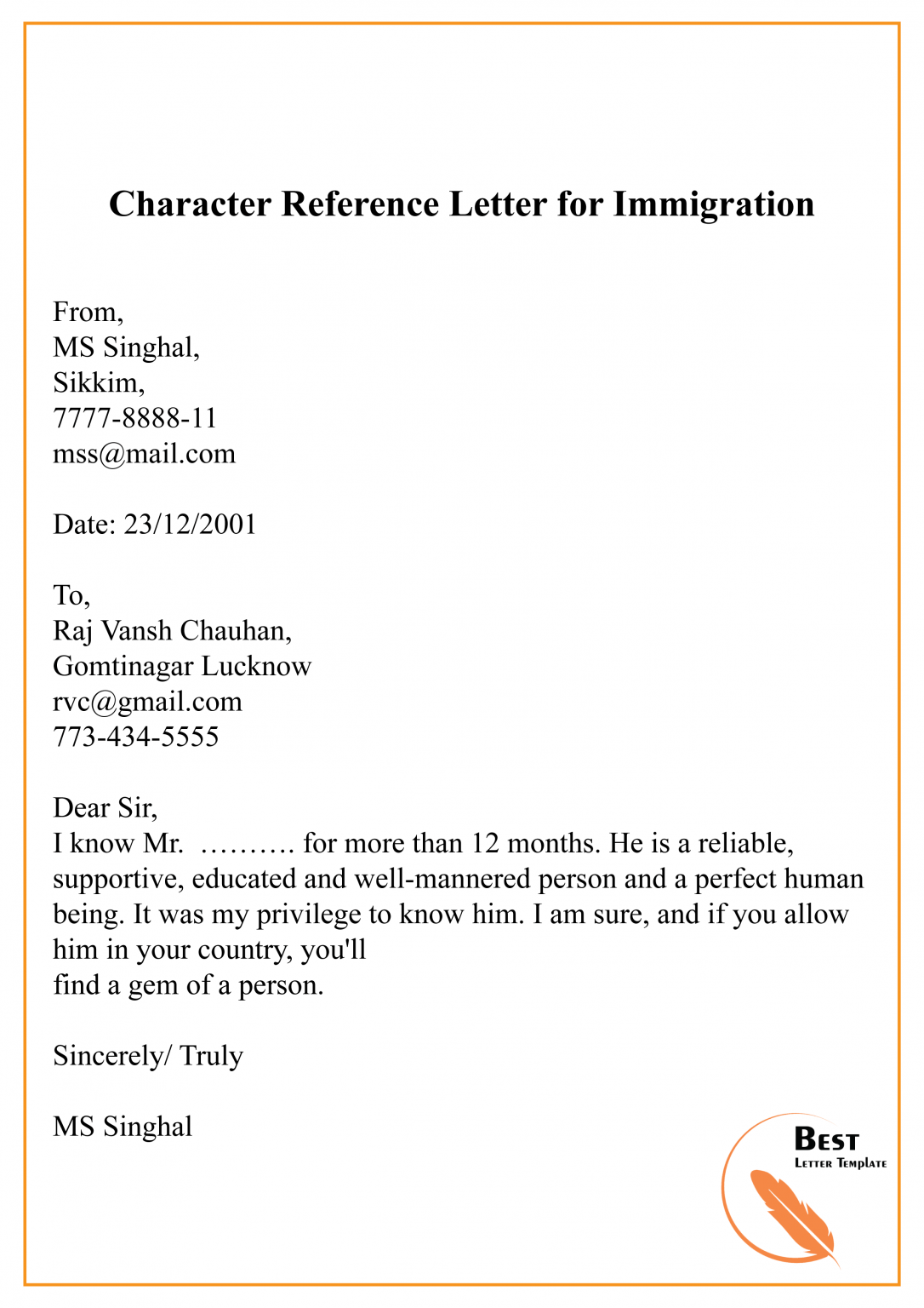 Character Reference Letter For Immigration Sample And Example 0095