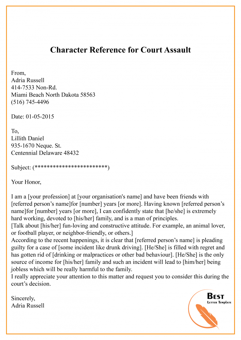 Character Reference Letter for Court Template Sample & Example