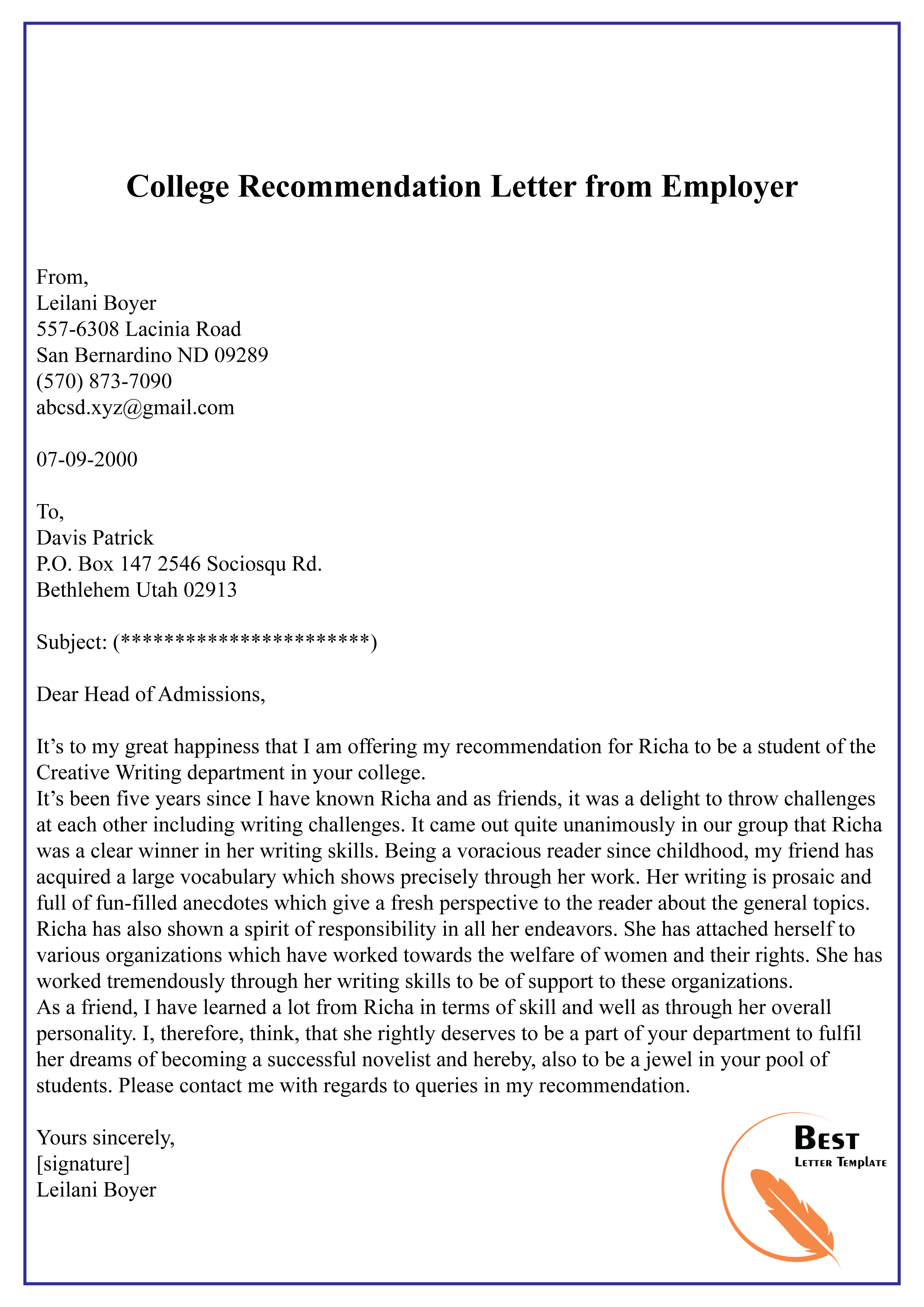 College Recommendation Letter From An Employer from bestlettertemplate.com