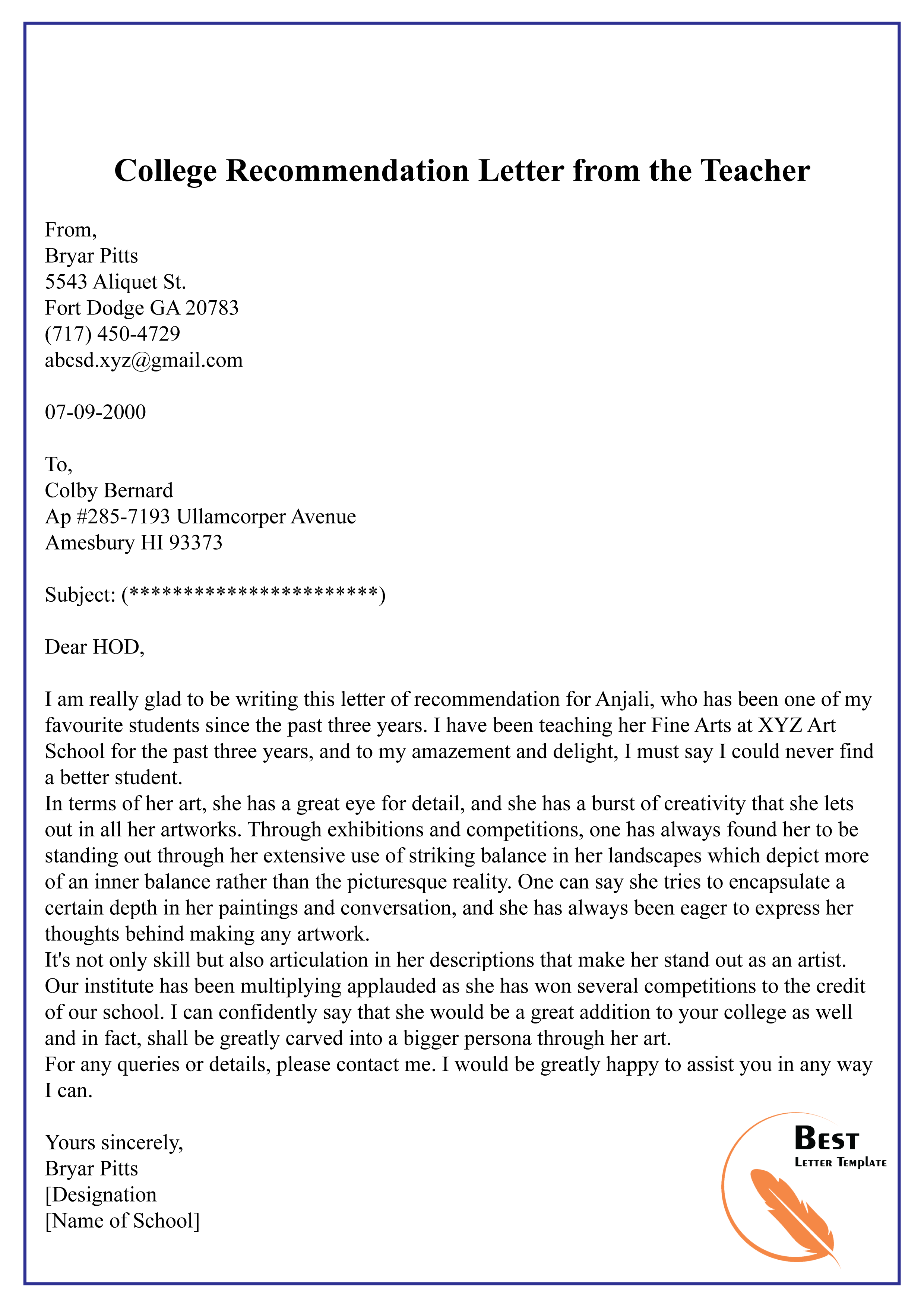 Template For College Recommendation Letter from bestlettertemplate.com