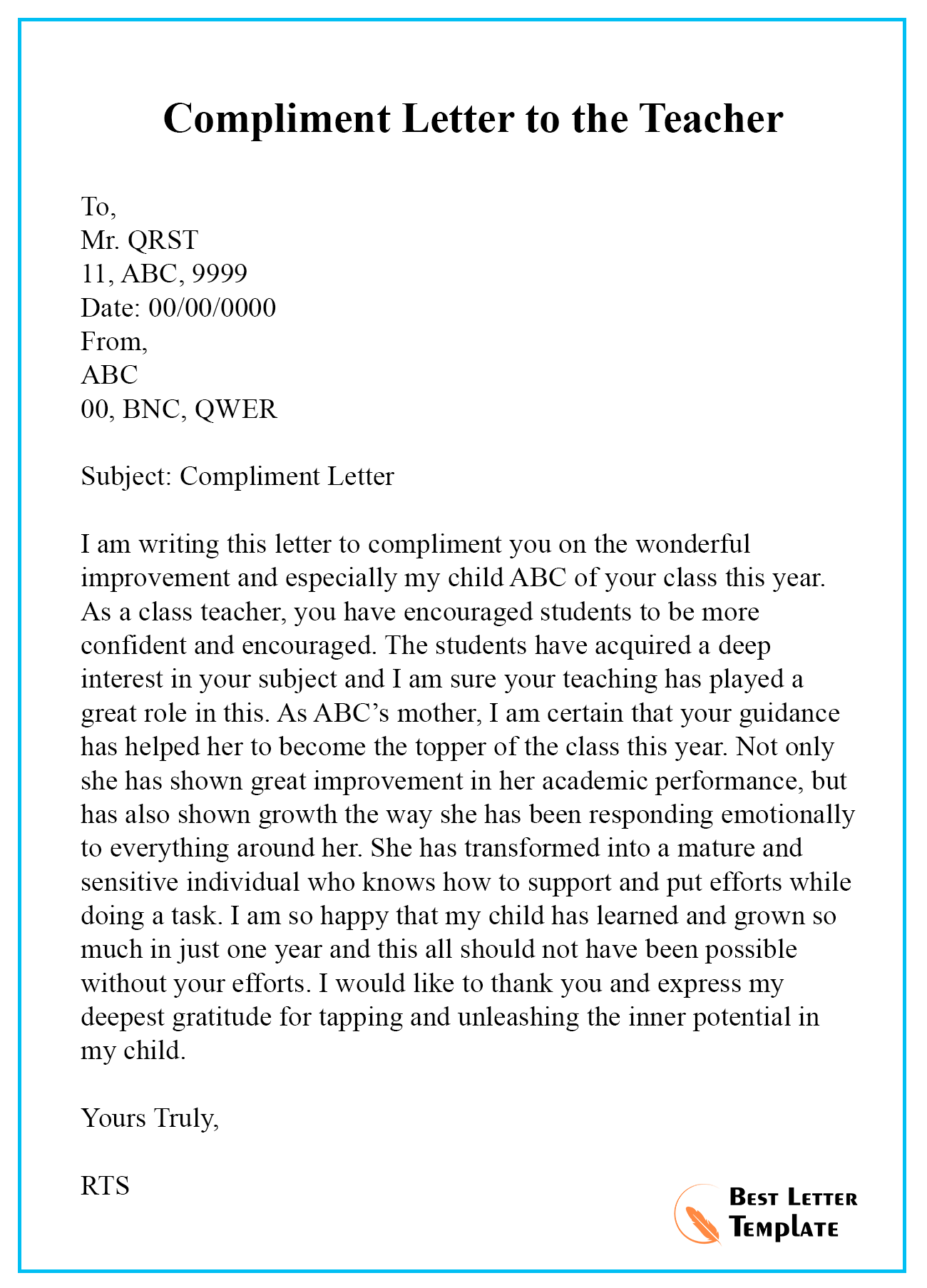 Compliment Letter Sample from bestlettertemplate.com