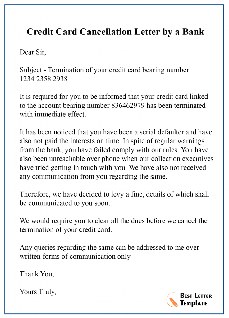 Cancellation Letter for Credit Card 