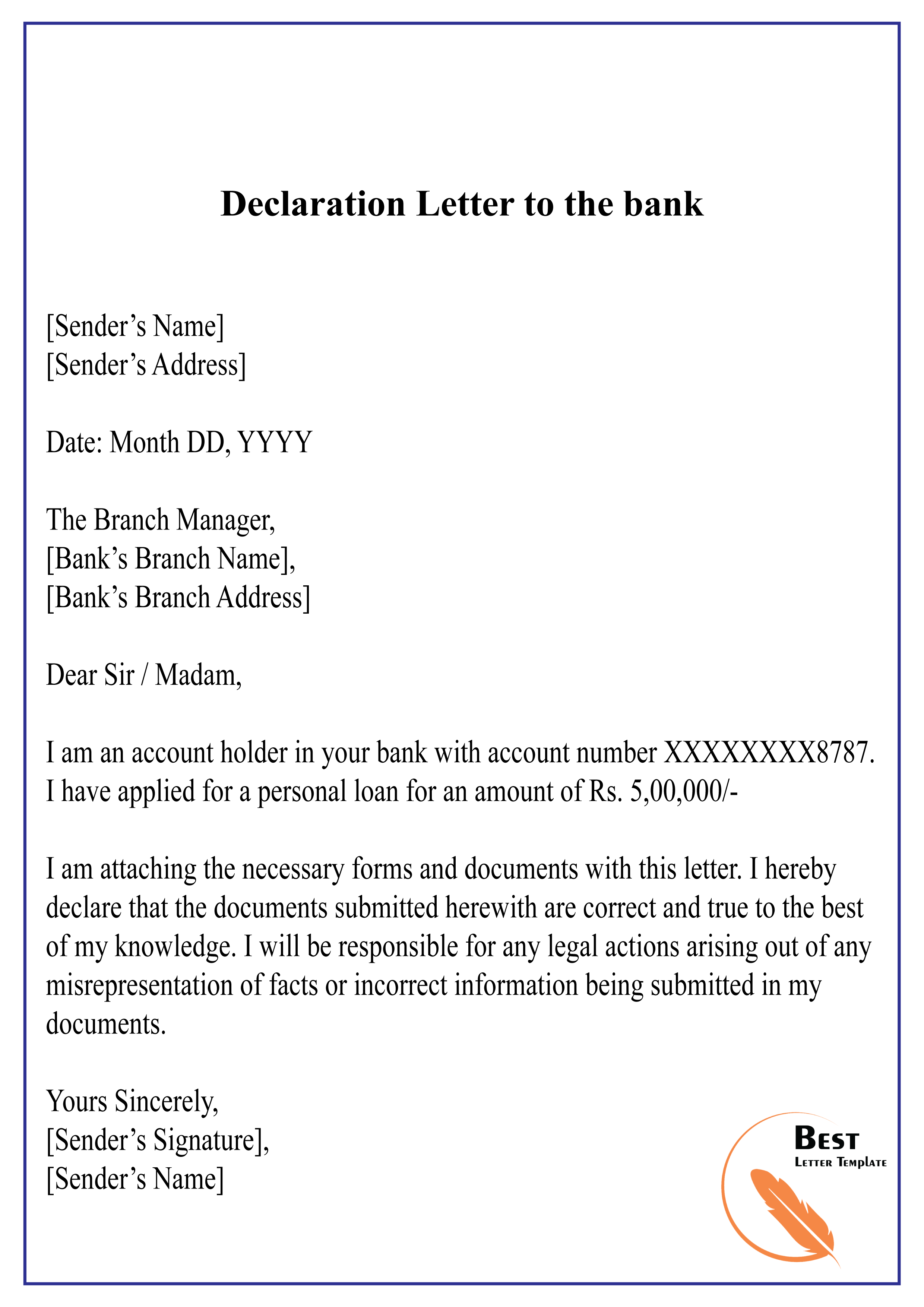 Declaration Letter to the bank-01 - Best Letter Template