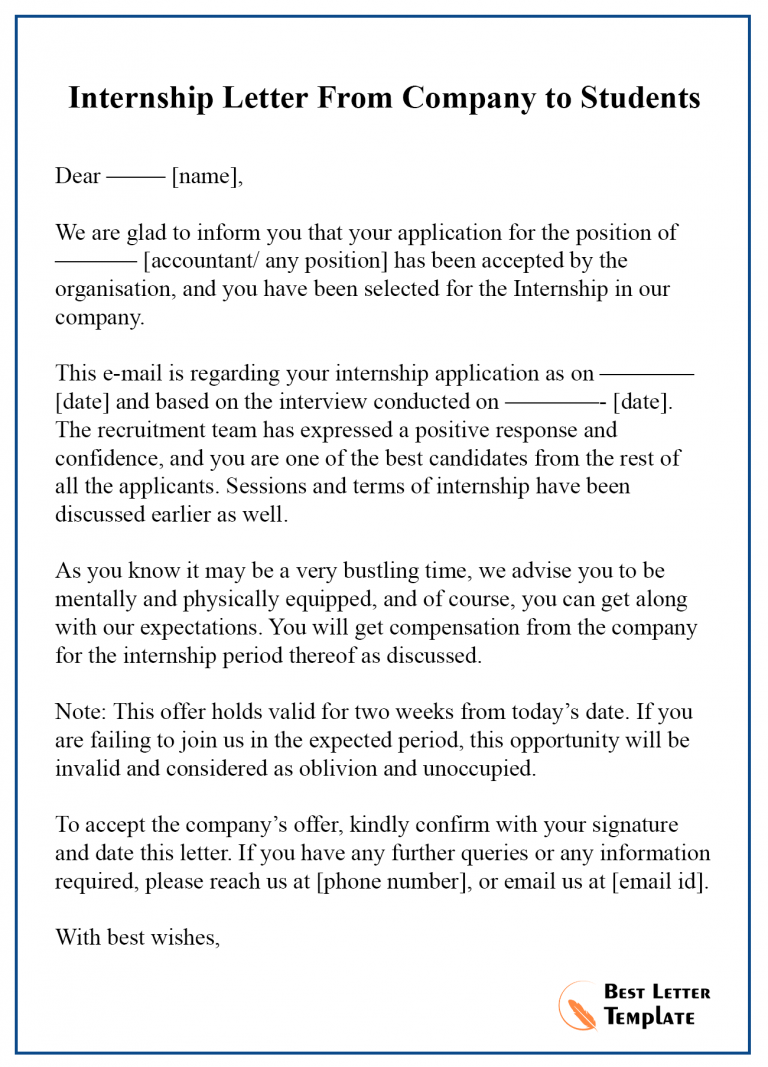 Internship Acceptance Letter Template Format Sample Example