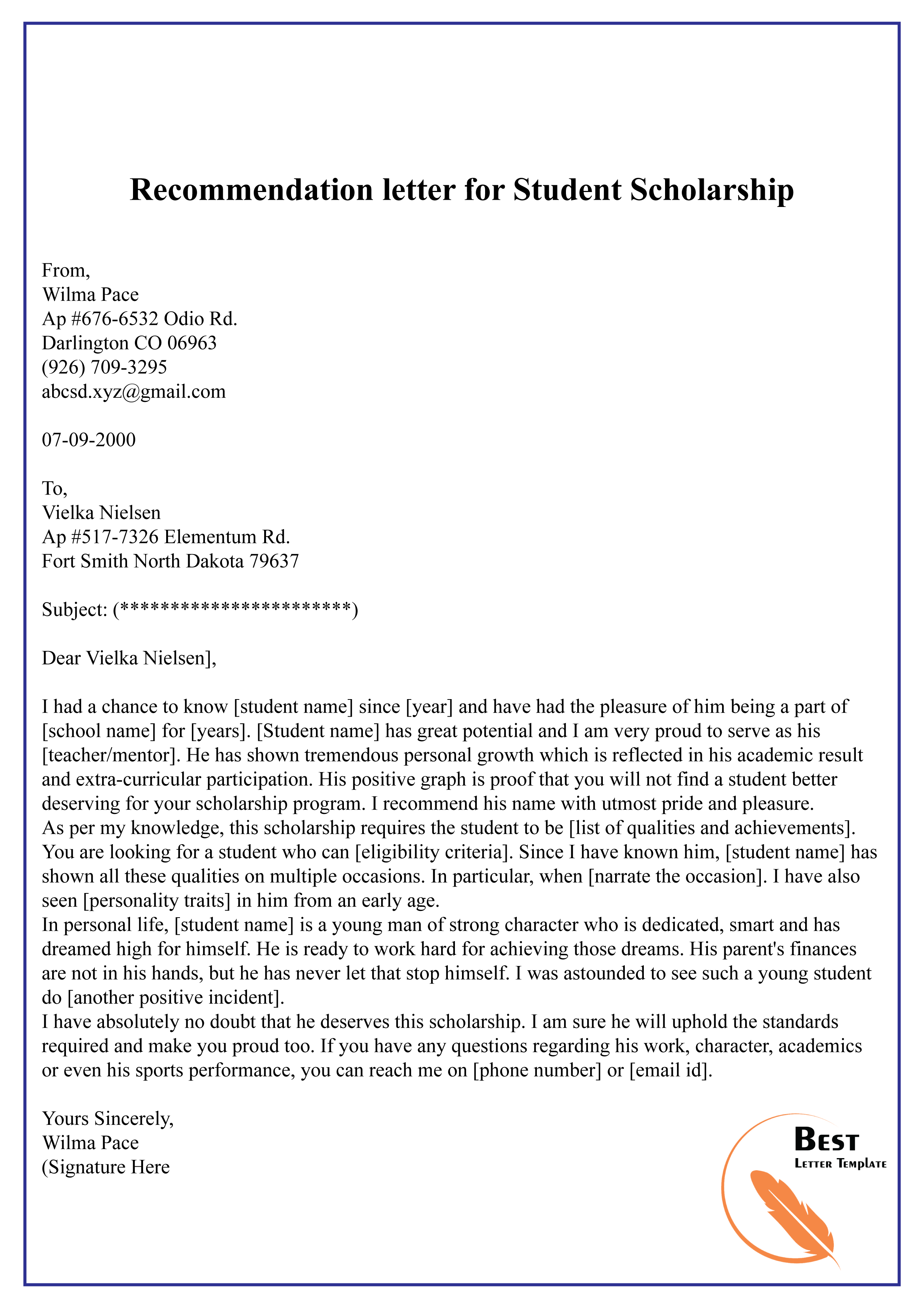 Recommendation letter for Student Scholarship 01 Best Letter Template