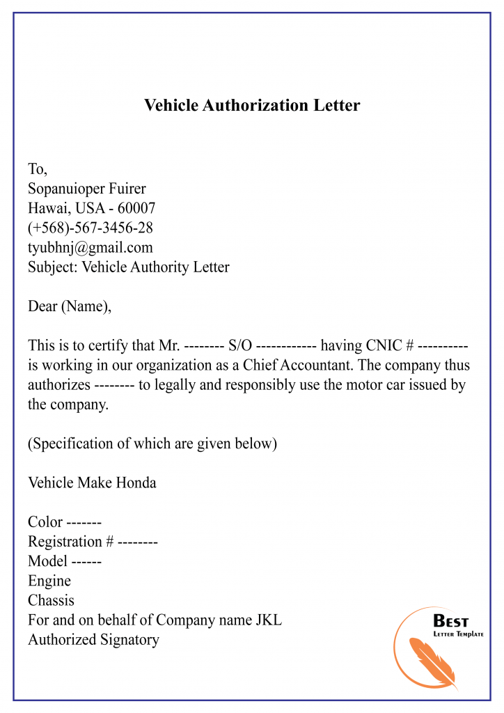 Vehicle Authorization Letter