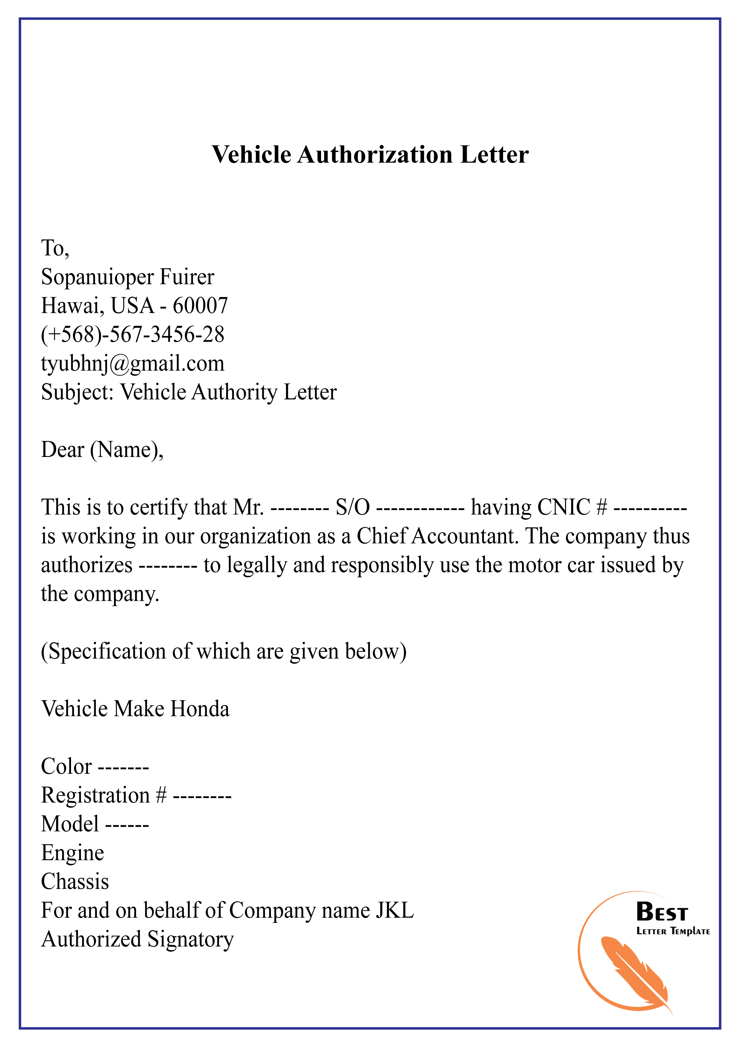 company car assignment letter sample