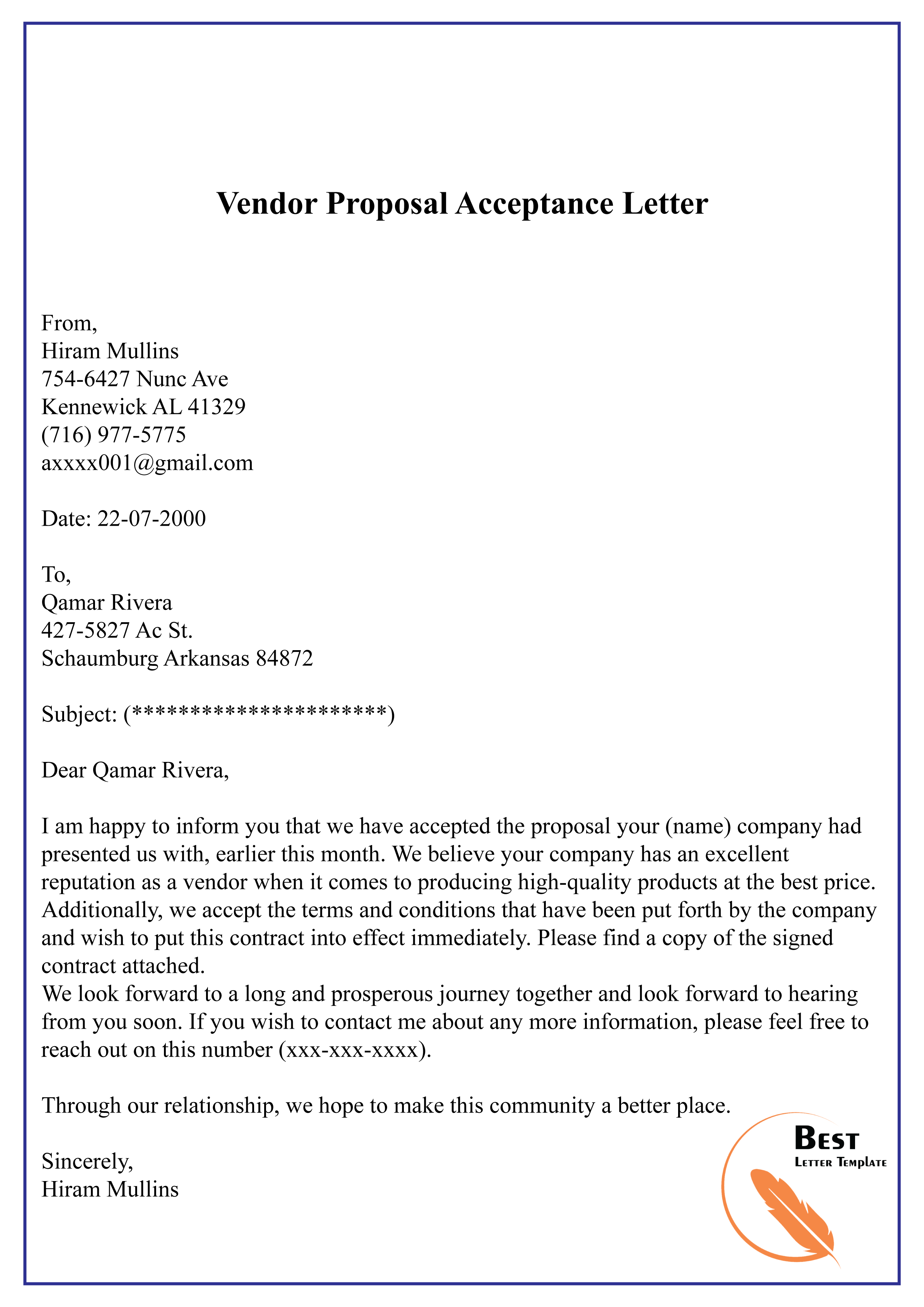 Vendor Proposal Acceptance Letter