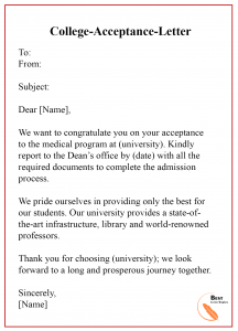 College Acceptance Letter Template Format Sample Examples