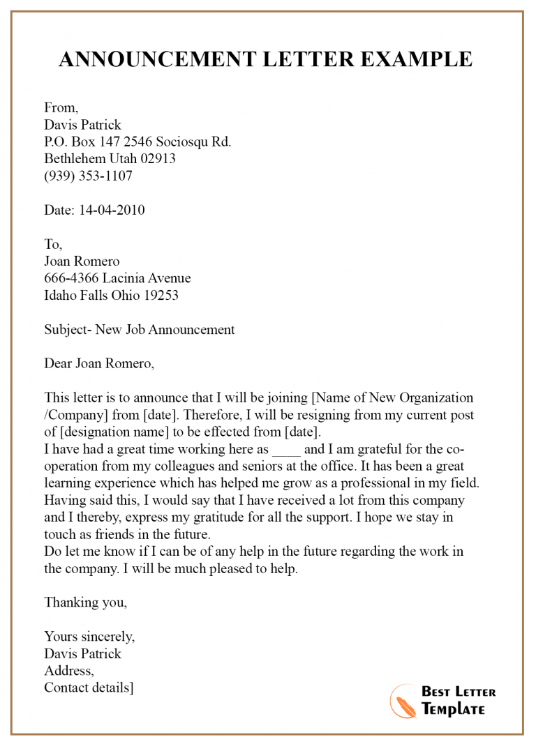10  Free Announcement Letter Template Format Sample Example