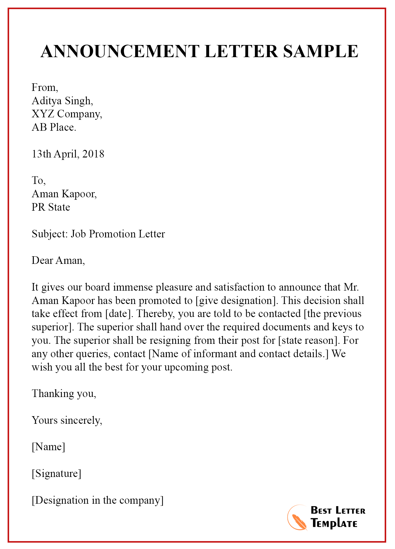 new job assignment announcement letter