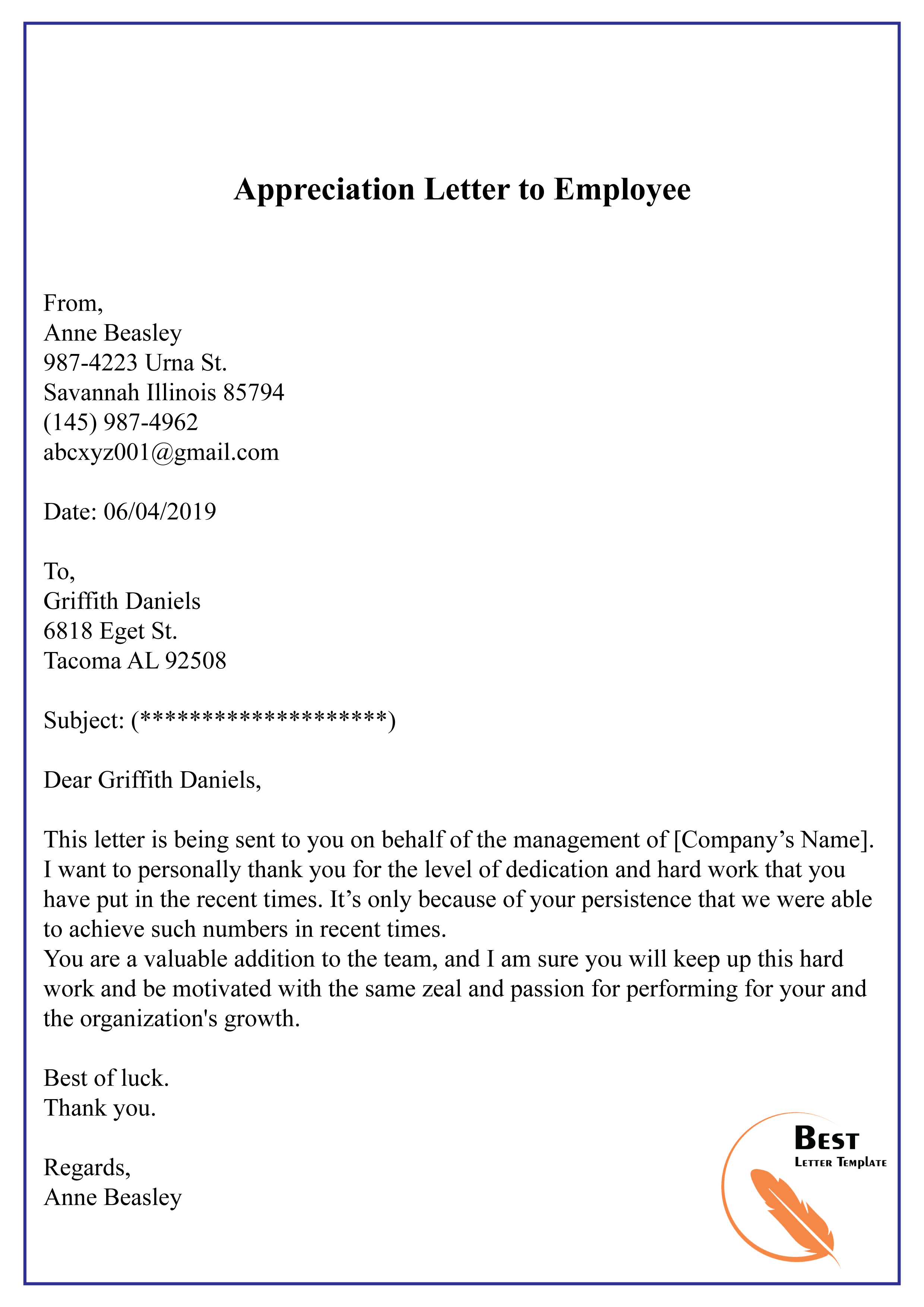 Appreciation Letter to Employee-01 - Best Letter Template