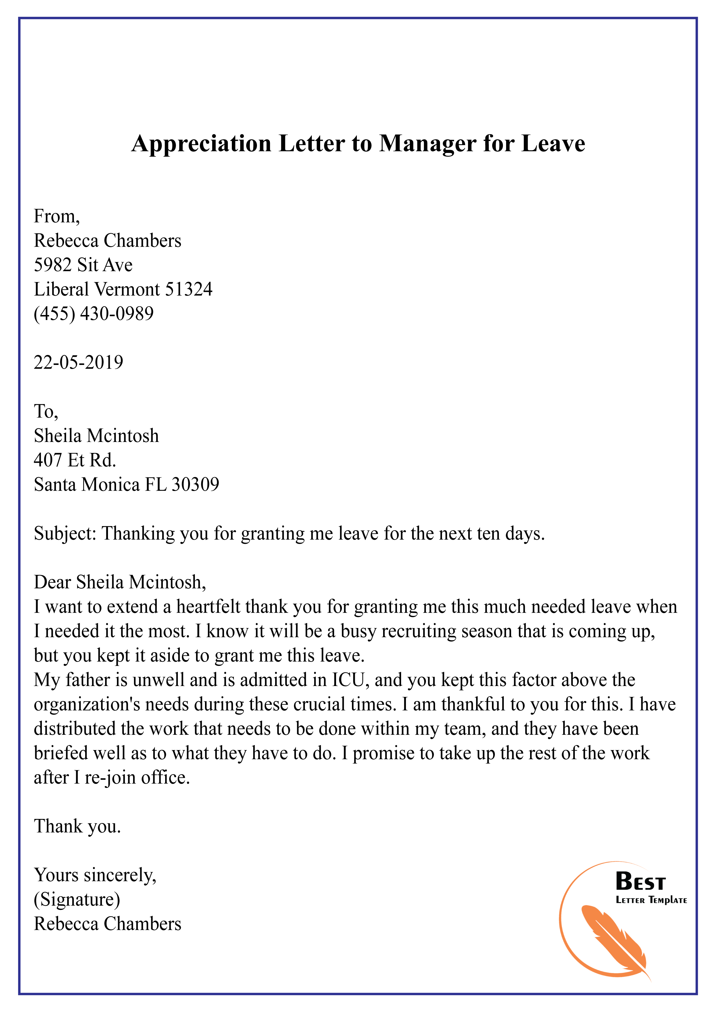 Appreciation Letter to Manager for Leave-01 - Best Letter ...