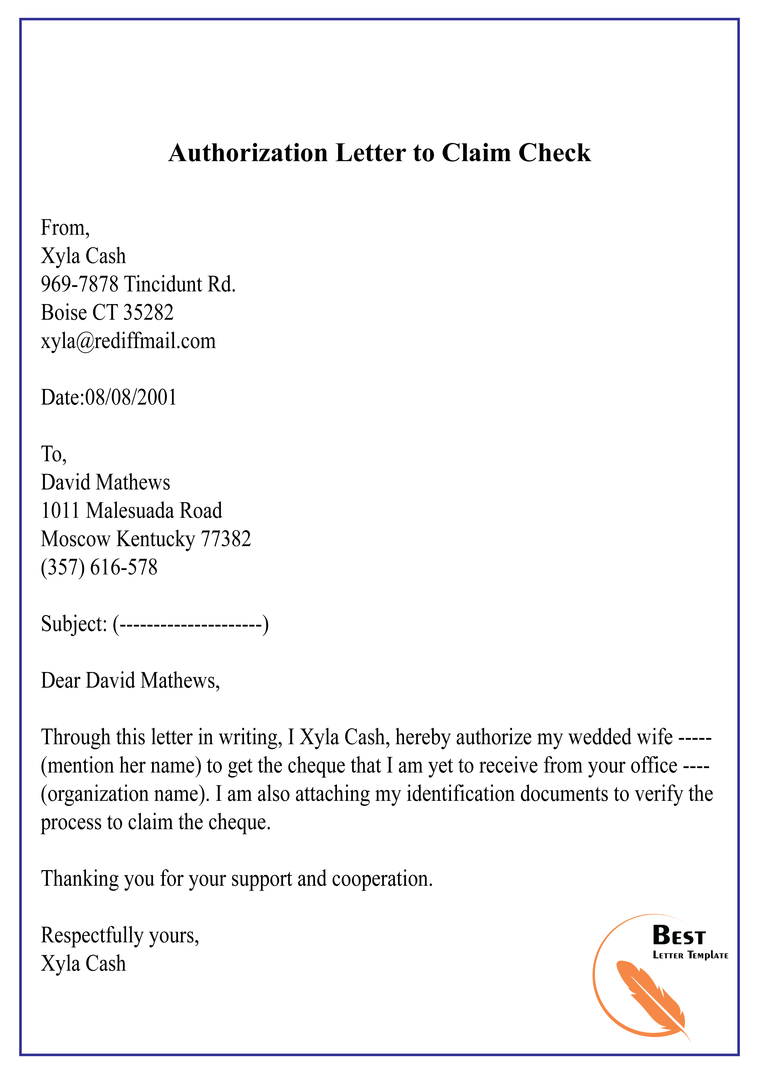 Sample Authorization Letter To Claim Check