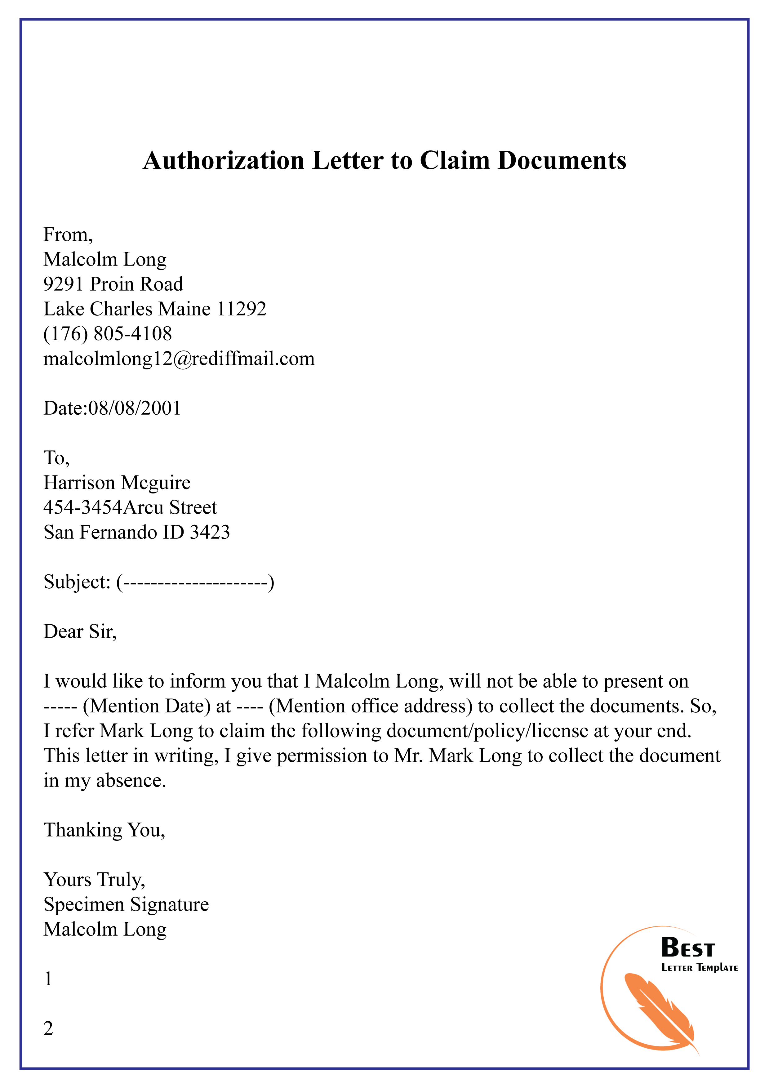 Authorization Letter To Claim Documents 01 