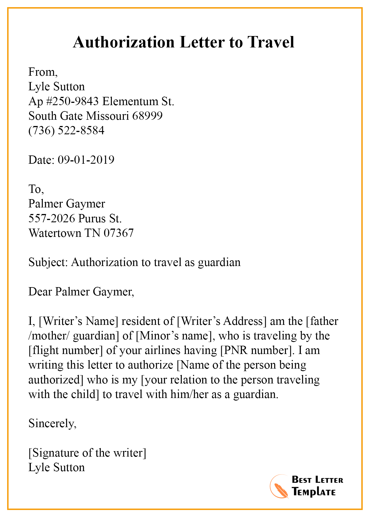 sample travel authorization letter for minors