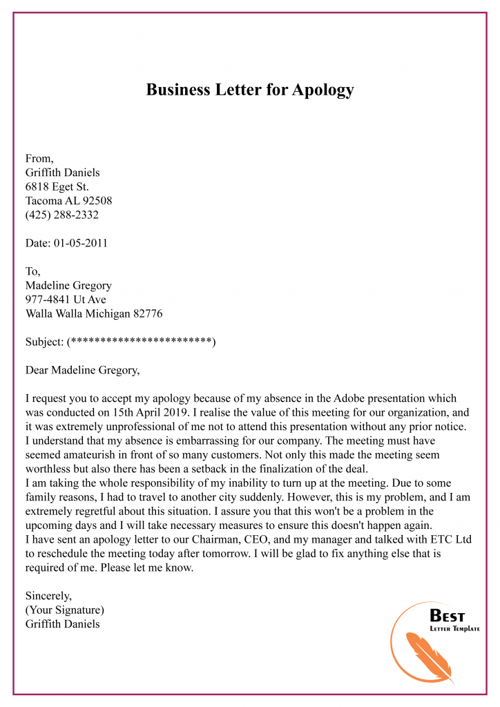 Business Letter for Apology