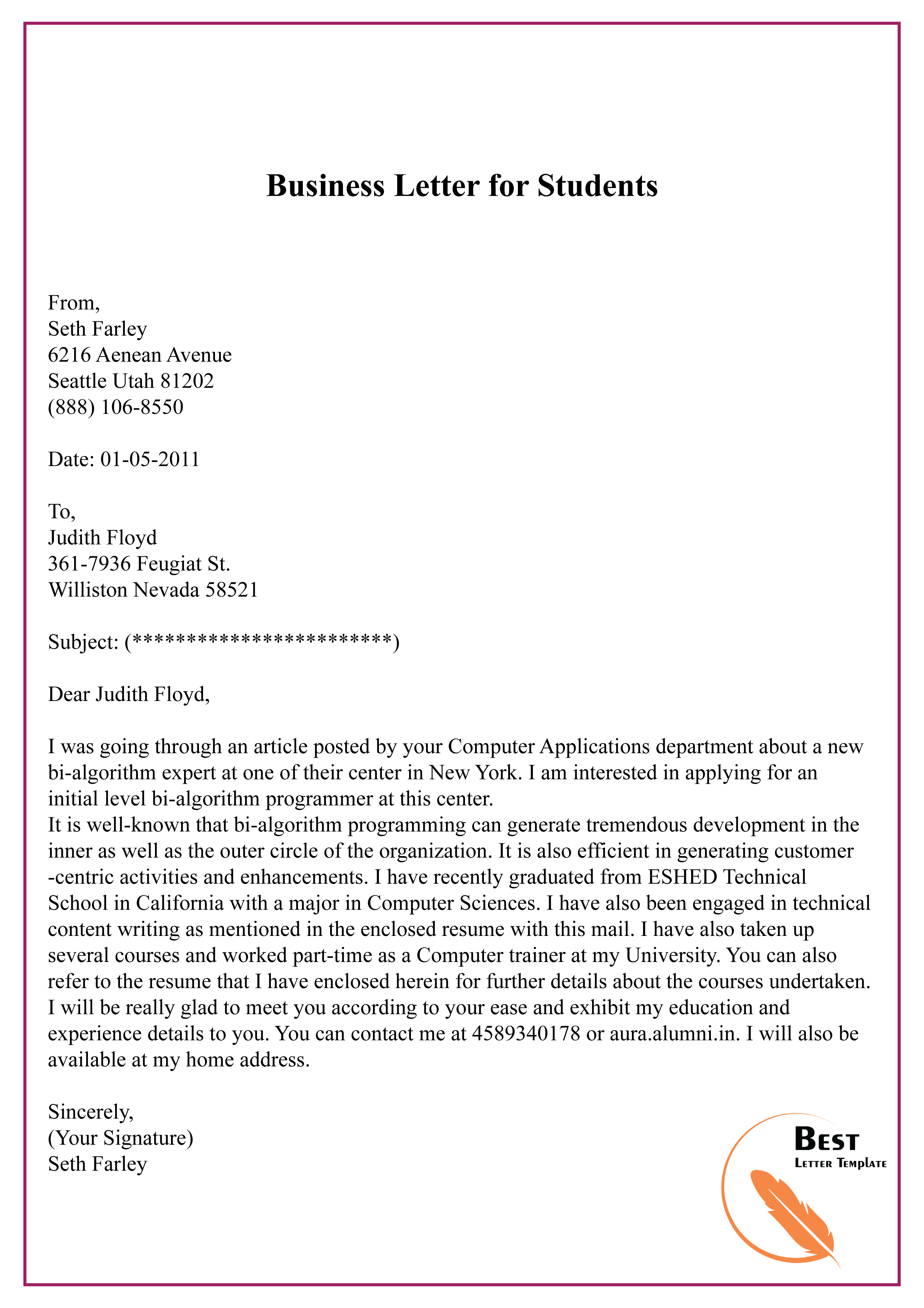 business application letter example for students
