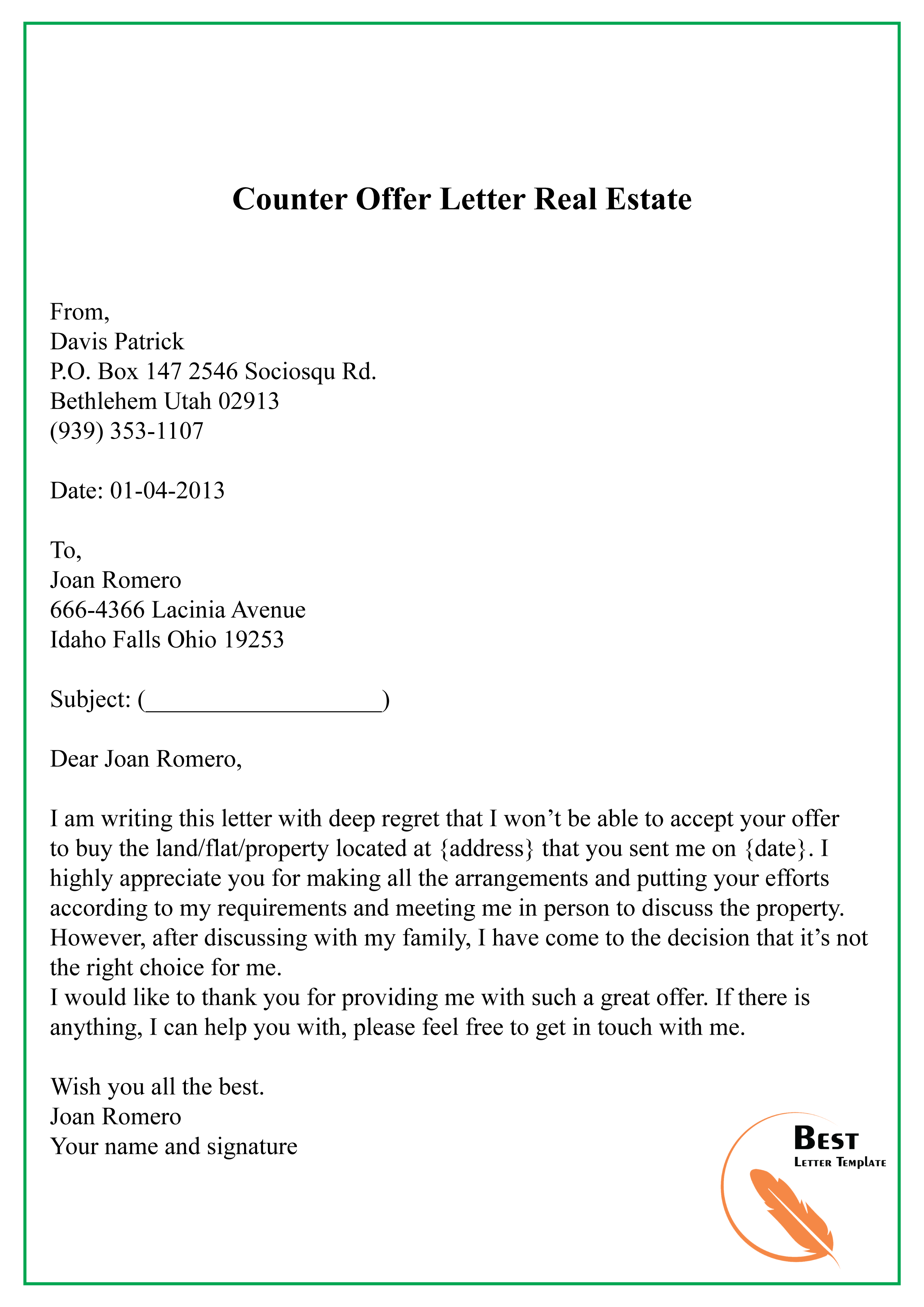 Counter Offer Letter Real Estate-01 – Best Letter Template