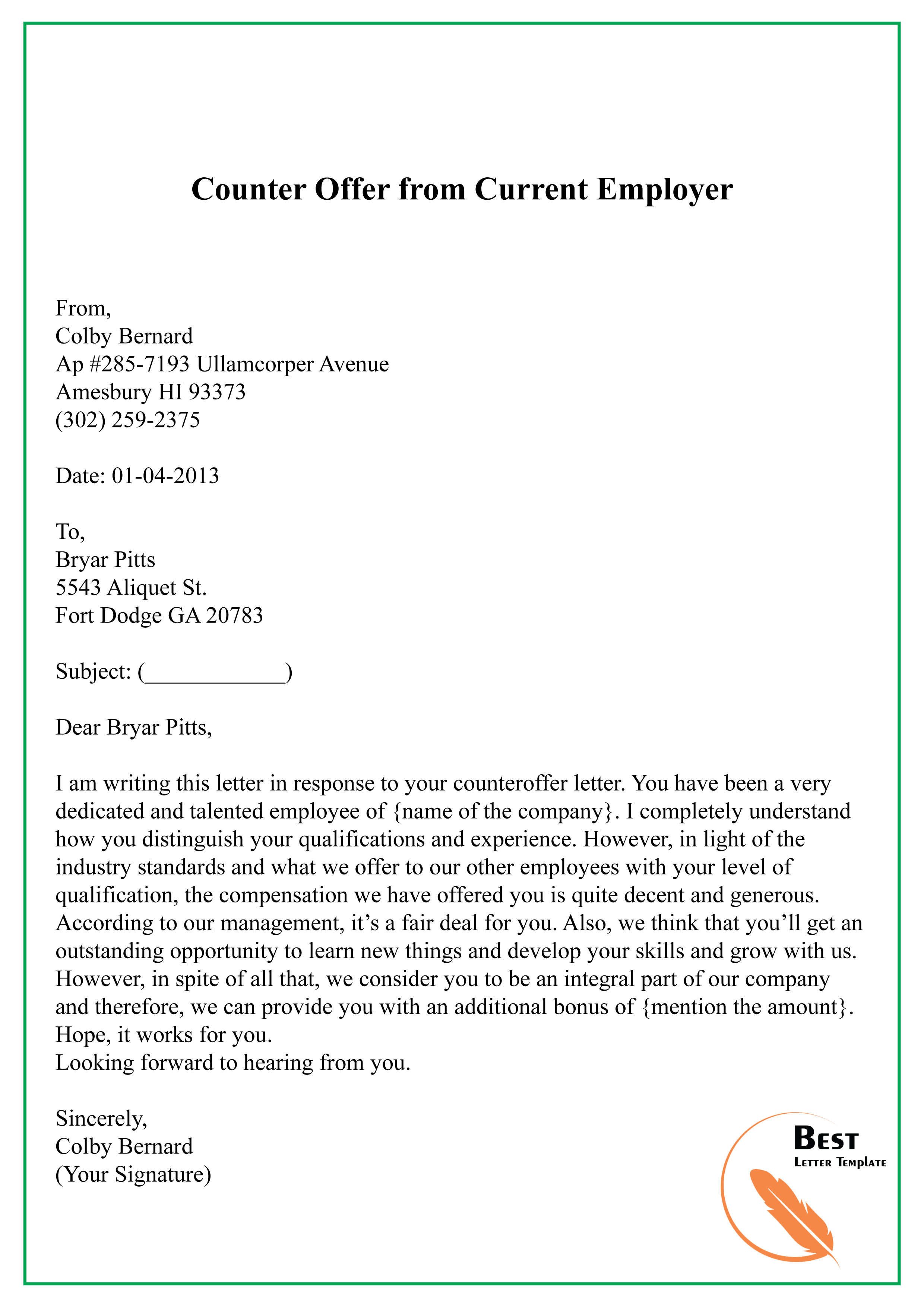 Counter Offer from Current Employer01 Best Letter Template