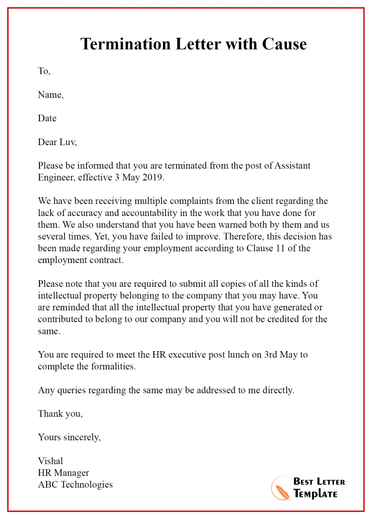 Termination Letter Template with Cause