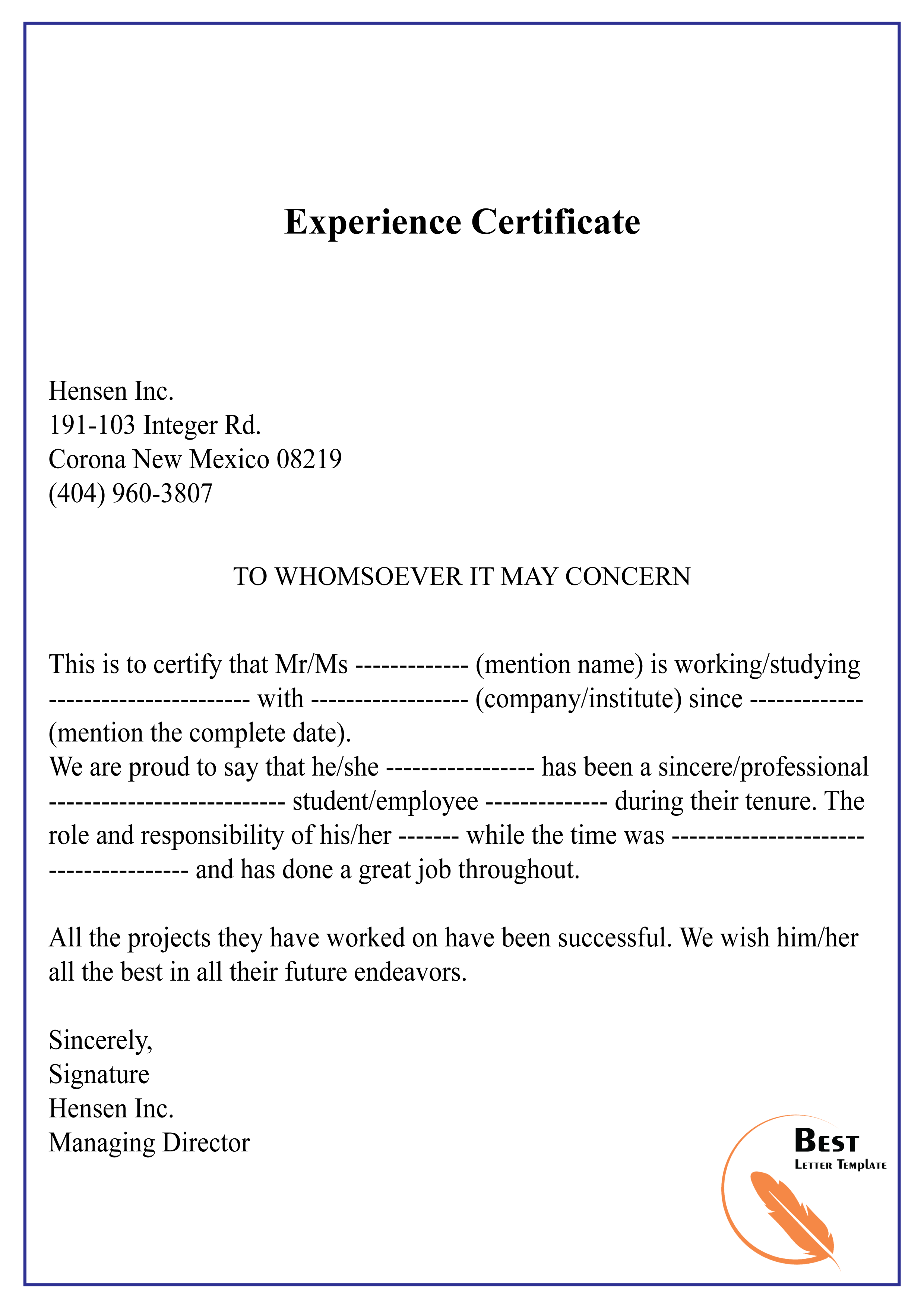 To Whomsoever It May Concern Experience Certificate Letter