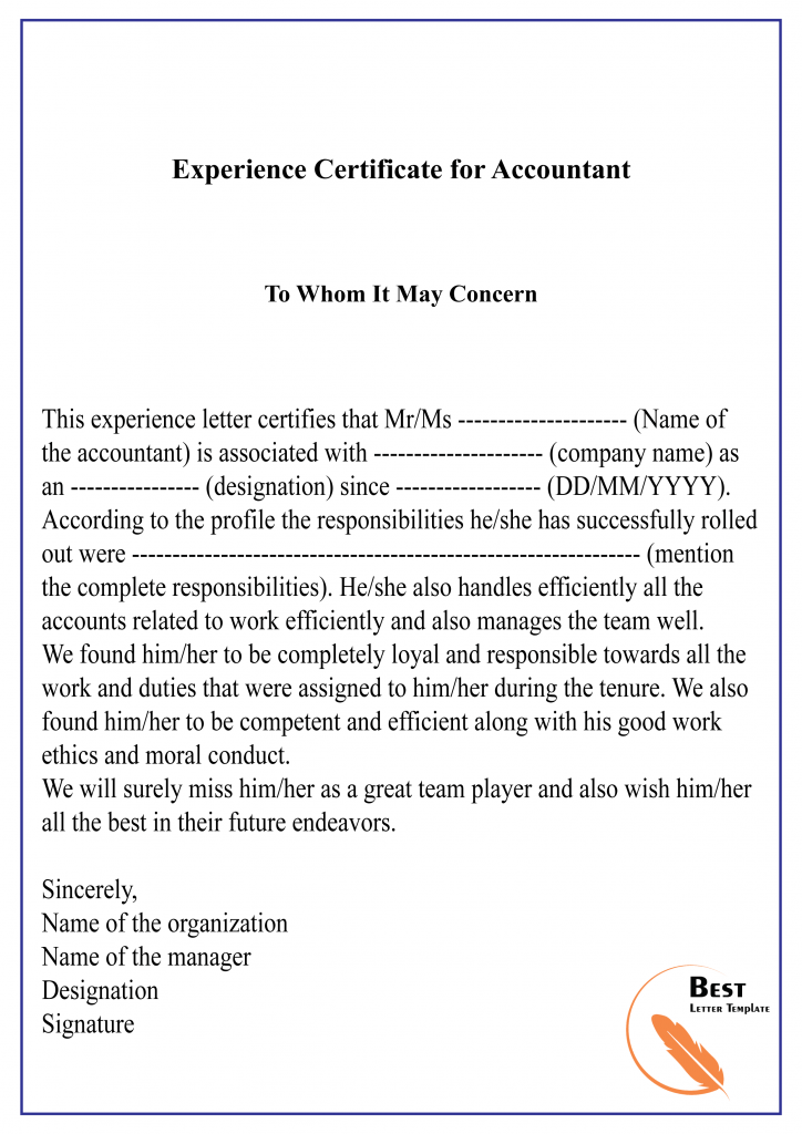 Experience Certificate for Accountant