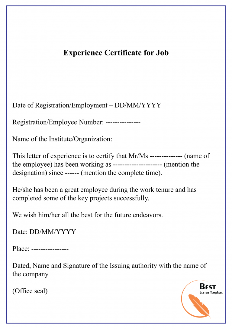 experience certificate format of usa