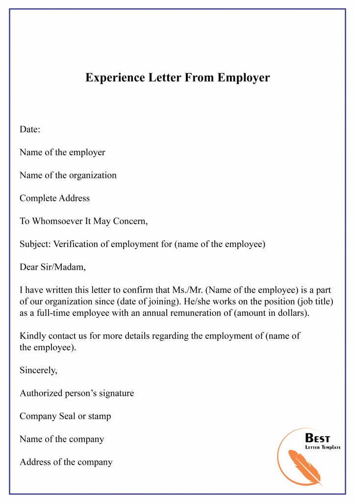 Experience Letter From Employer