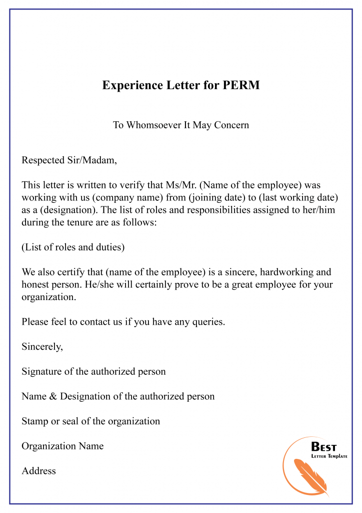 Experience letter for PERM