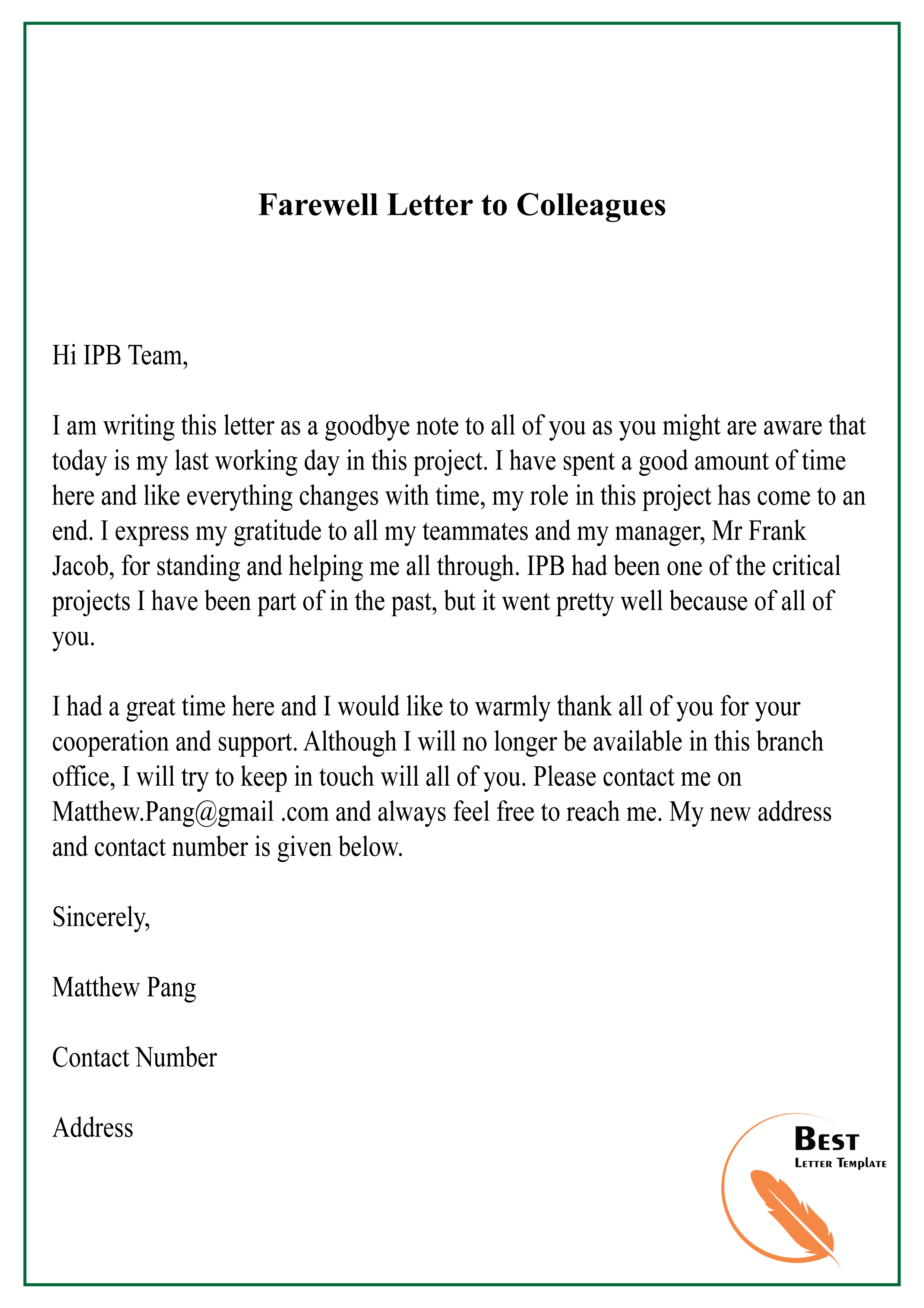 Farewell Email Template To Colleagues
