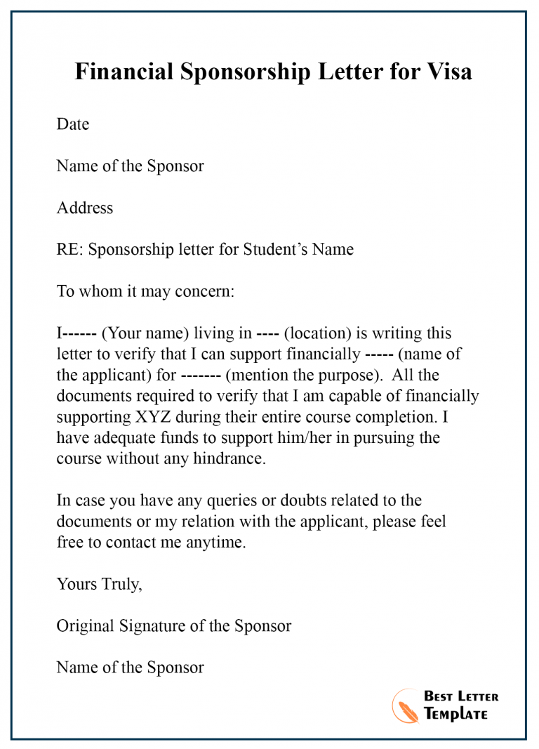 Sponsorship Letter for Visa Template Format Sample Example