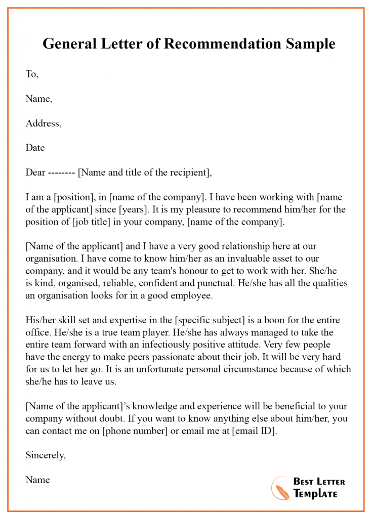 Template For Recommendation Letter For Employee from bestlettertemplate.com
