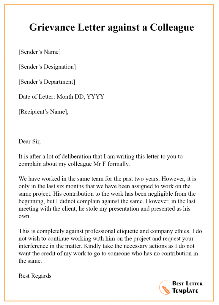 Formal Complaint Letter Sample On Co Worker from bestlettertemplate.com