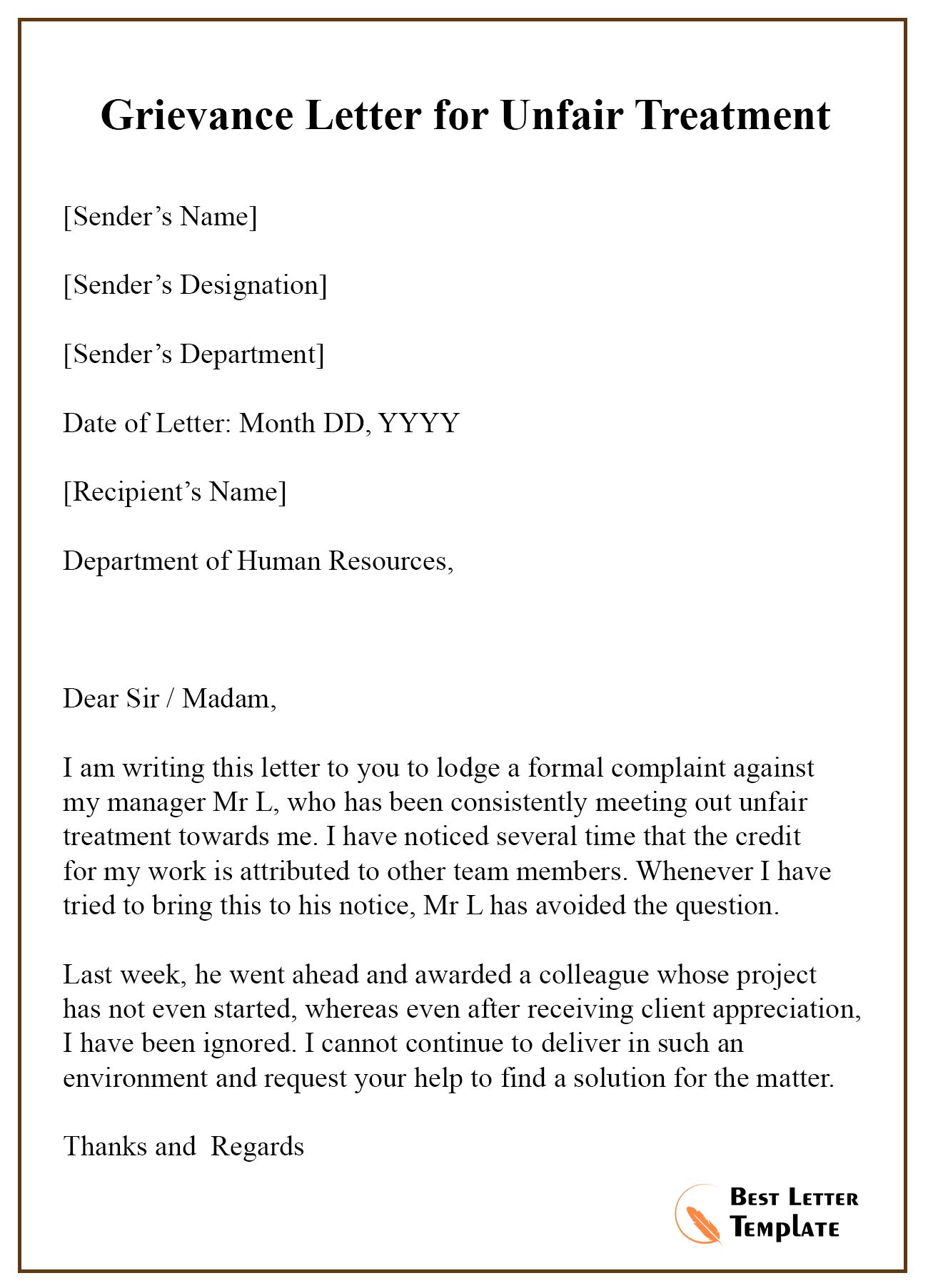 Resignation Letter Due To Unfair Treatment from bestlettertemplate.com