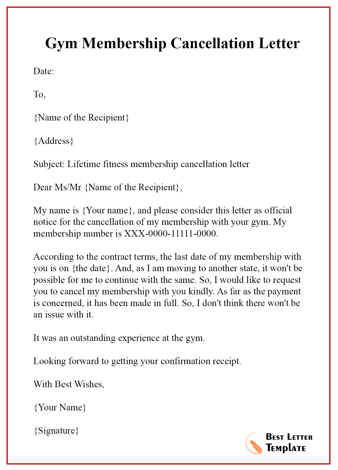 Membership Cancellation Letter Template Format Sample Example