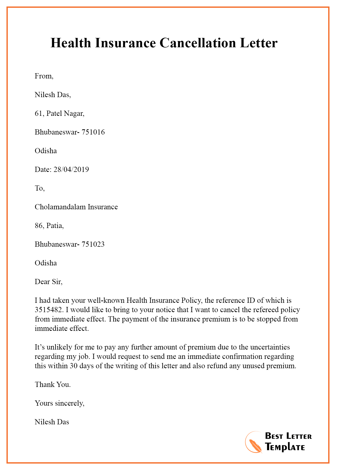 Insurance Cancellation Letter Template Format Sample Example