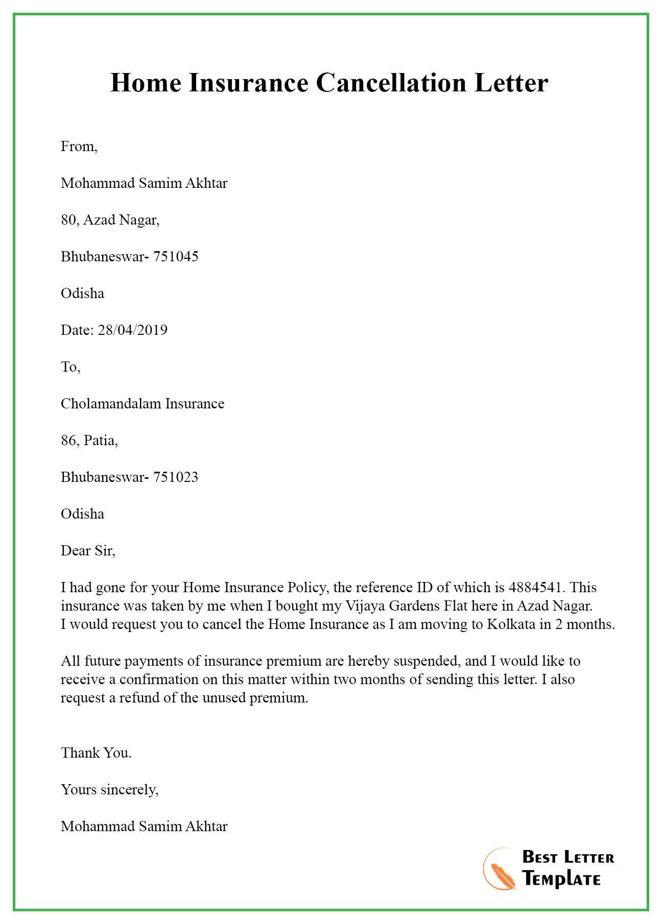 Insurance Cancellation Letter Template Format Sample & Example