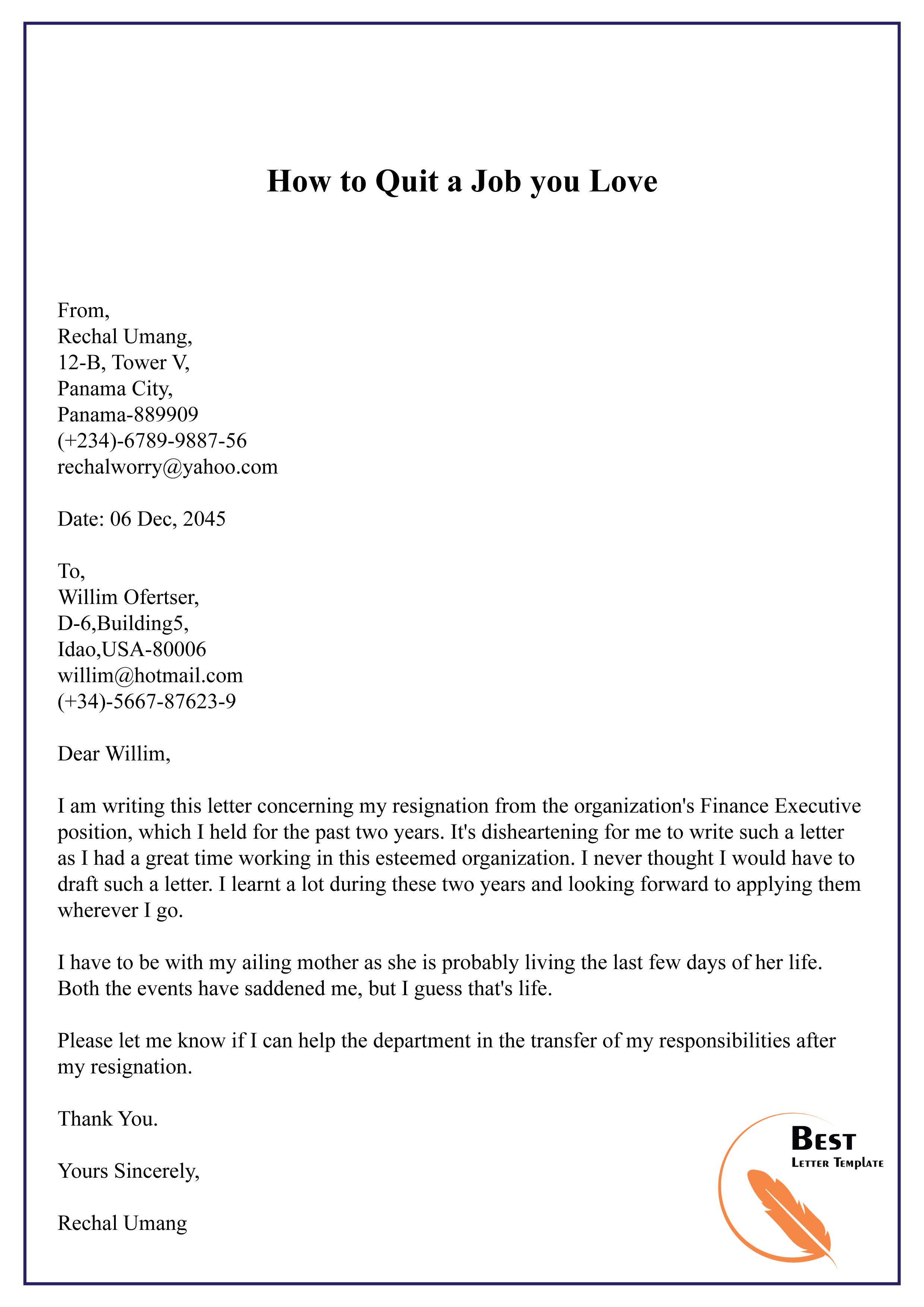 Quitting A Job Letter from bestlettertemplate.com