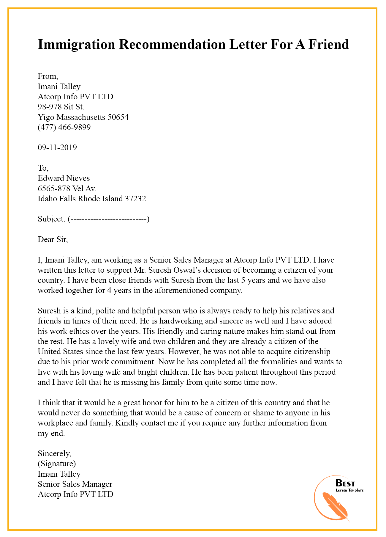 Recommendation Letter Template For a Friend